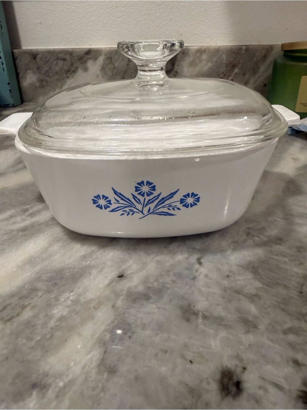 Vintage Corningware White Covered Casserole with Blue Floral Motif